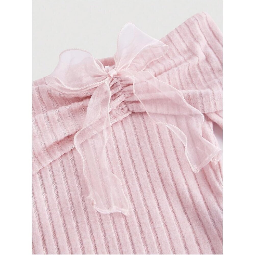 Women's Off Shoulder Crop Top Long Sleeve Bow Ruched Shirt for Casual - Picture 3 of 4